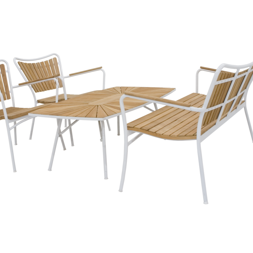 Mandalay loungesaat med baank og to stole i hvid og teak traa produktbillede